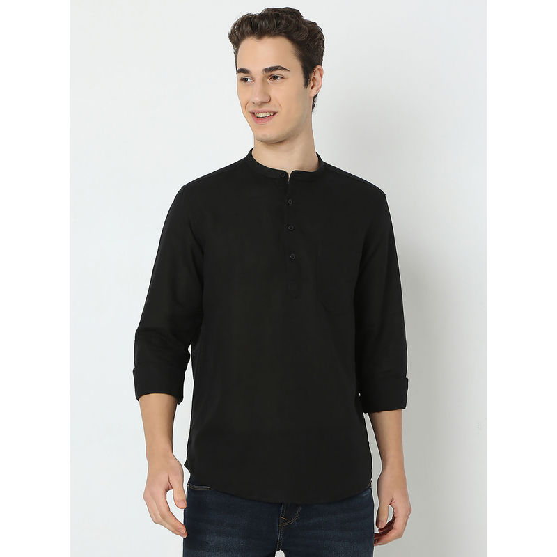 Spykar Men Black Linen Solid Casual Short Kurta (M)