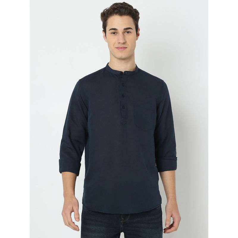 Spykar Men Navy Blue Linen Solid Casual Short Kurta (L)