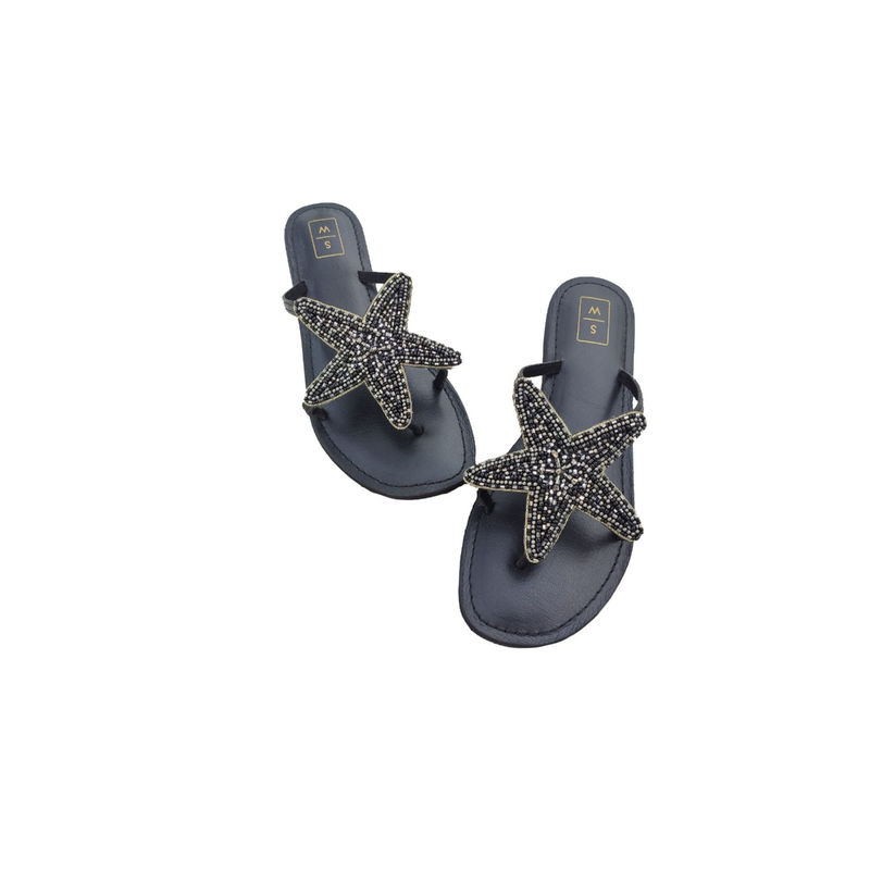 SANDALWALI Lucy Beaded Black Starfish Flats (Euro 37) (EURO 37)