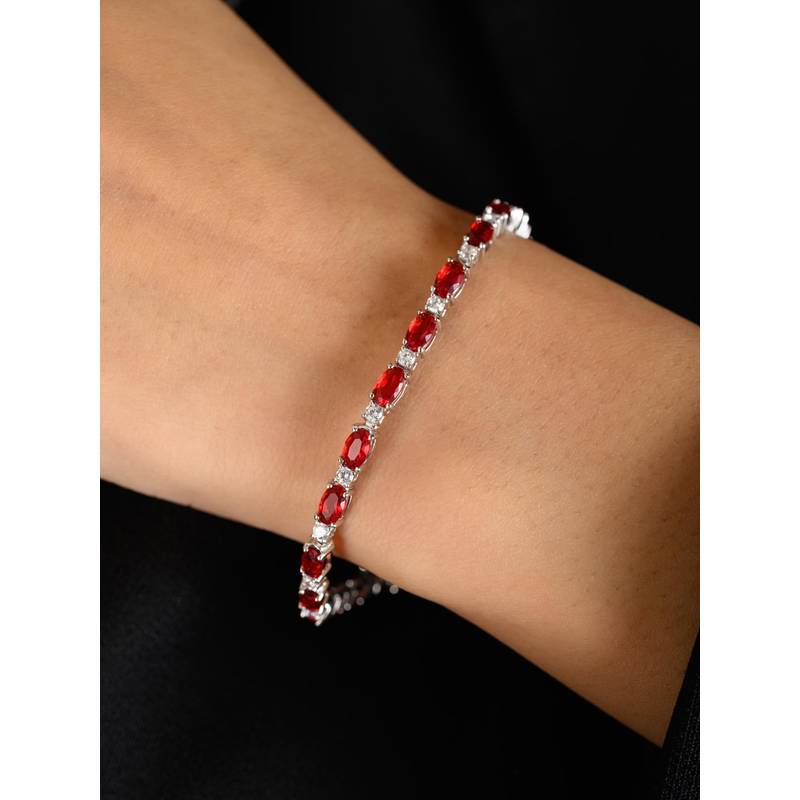 METALM Oval Cut Red Cz Diamonds Tennis Bracelet In 925 Silver (6 Inches)