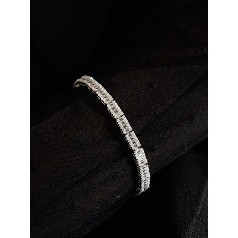 METALM 925 Silver Tennis Bracelet - Round And Baguette Cut Cz Diamonds (6 Inches)
