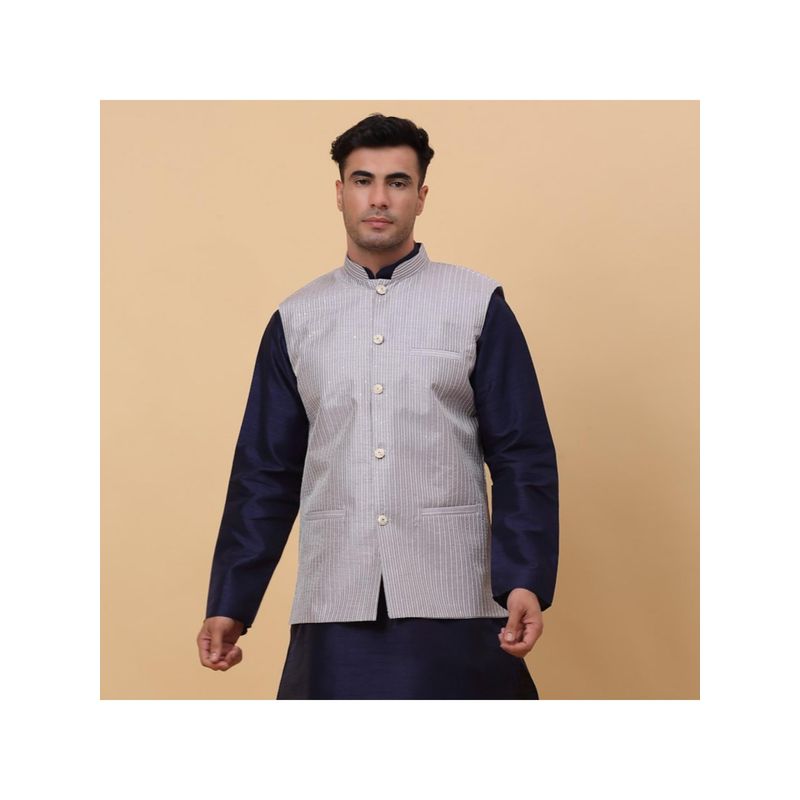 Kraft India Mens Silk Stripes Grey Waistcoat Satin Lining Nehru Jacket (S)