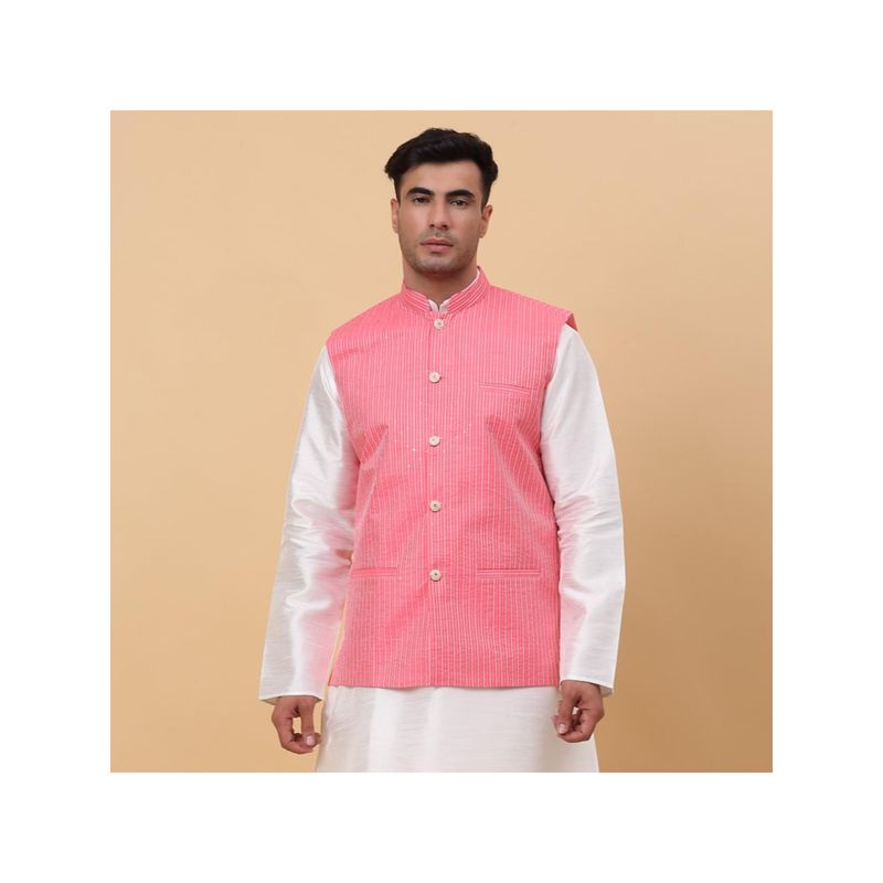 Kraft India Mens Silk Stripes Pink Waistcoat Satin Lining Nehru Jacket (M)