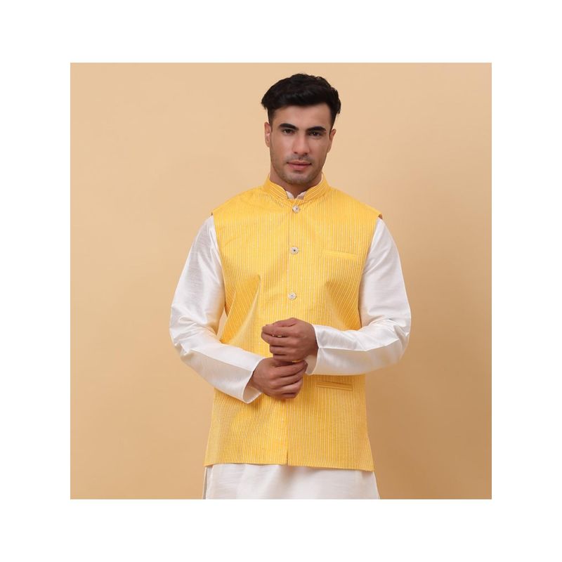 Kraft India Mens Silk Stripes Yellow Waistcoat Satin Lining Nehru Jacket (S)
