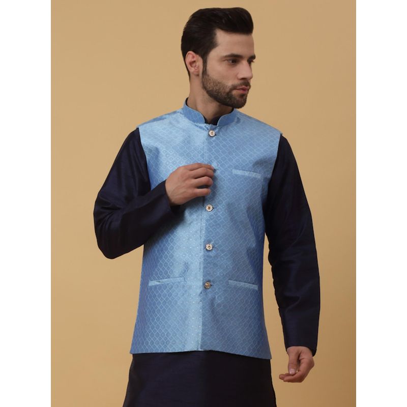 Kraft India Mens Silk Blend Geometric Jacquard Blue Nehru Jacket (S)