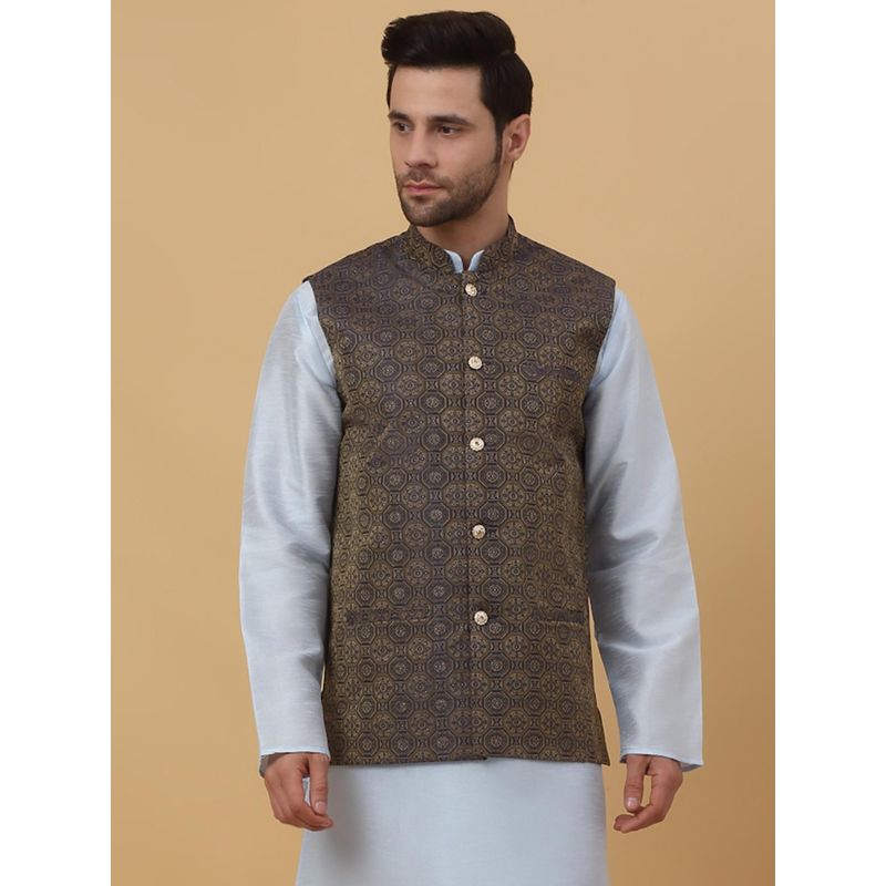 Kraft India Mens Silk Blend Bandhani Jacquard Brown Nehru Jacket (S)