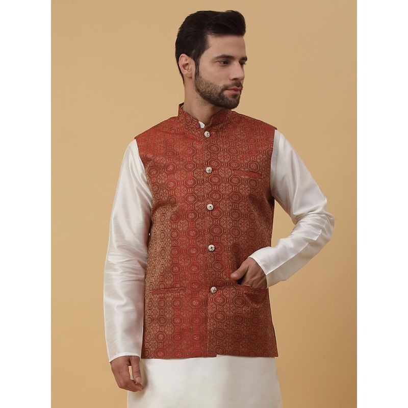 Kraft India Mens Silk Blend Bandhani Jacquard Maroon Nehru Jacket (L)