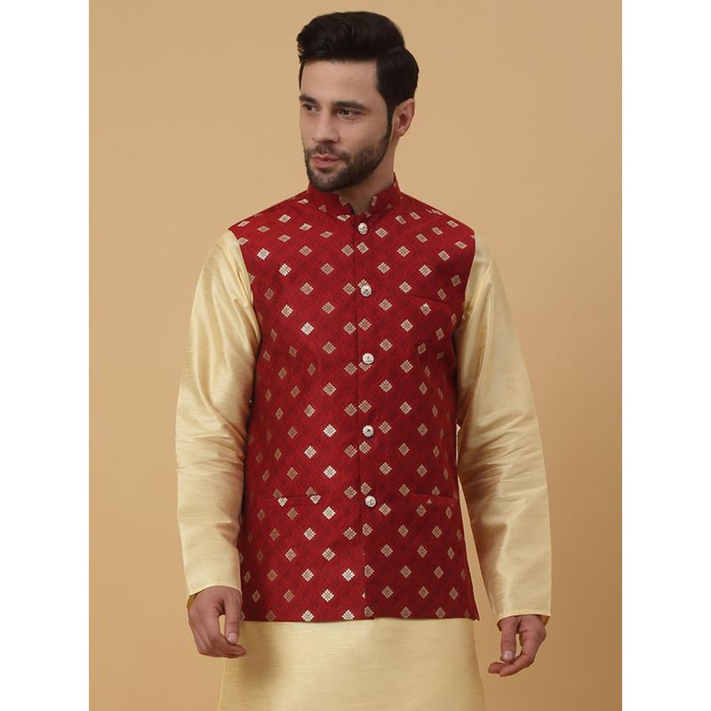 Kraft India Mens Silk Blend Jacquard Gold Print Red Nehru Jacket (XL)