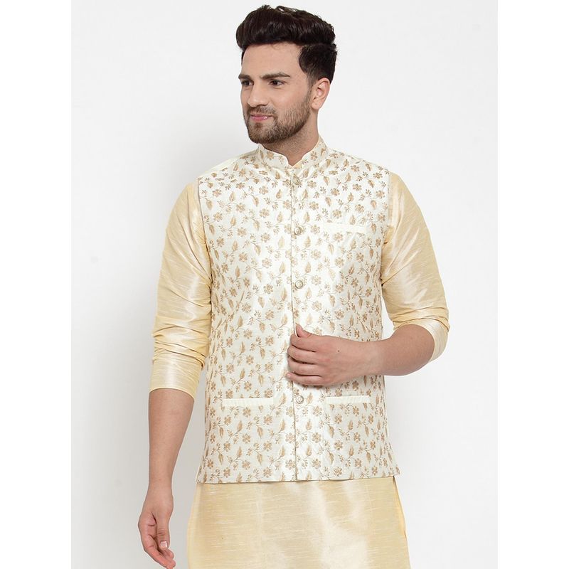 Kraft India Mens Cream Art Silk Embroidered Nehru jacket (S)