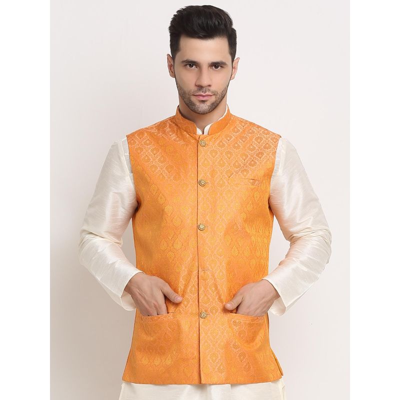 Kraft India Mens Peach Jacquard Woven Design Nehru Jacket (S)
