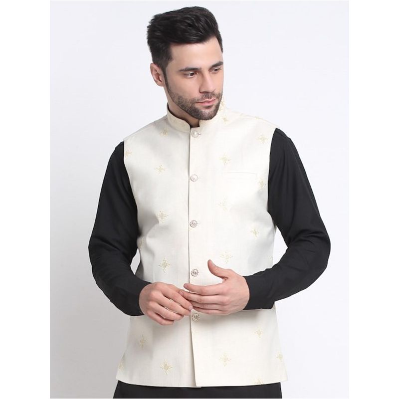 Kraft India Mens Cream Silk Embroidered Sequence Jacket (L)