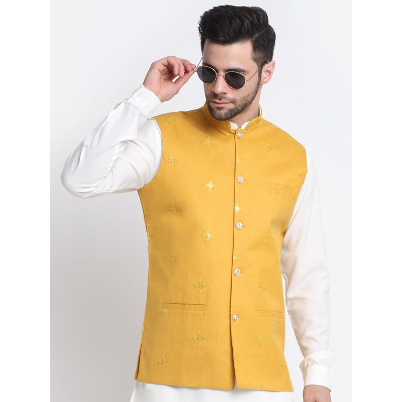 Kraft India Mens Yellow Silk Embroidered Sequence Jacket (S)