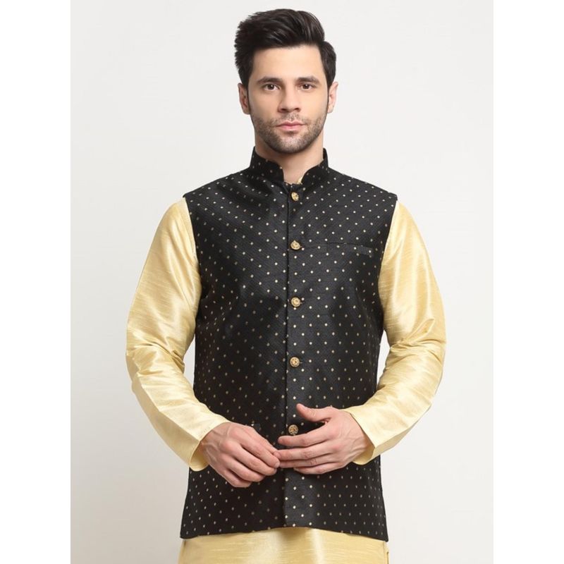 Kraft India Mens Polka Pattern Black Nehru Jacket (S)