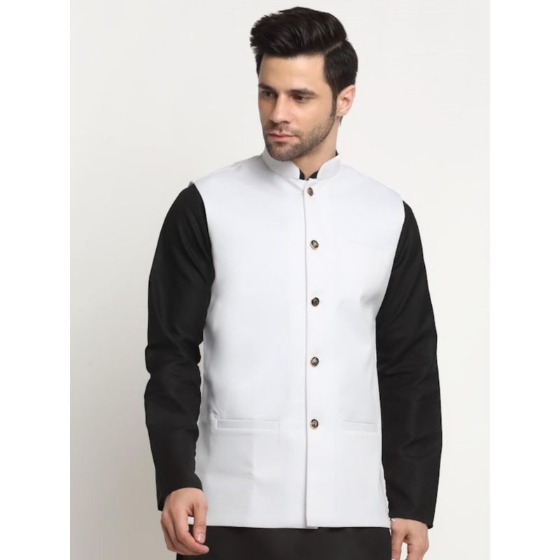 Kraft India Mens Twill Cotton White Nehru Jacket (S)