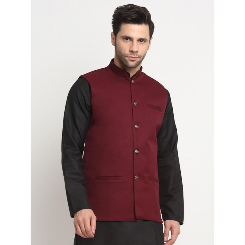 Kraft India Mens Twill Cotton Maroon Nehru Jacket (XL)