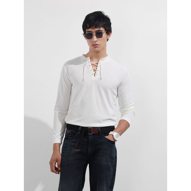 The Indian Garage Co Men White Textured T-Shirt (XL)