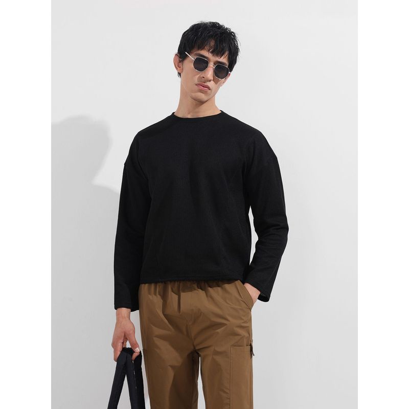 The Indian Garage Co Men Black Textured T-Shirt (XL)