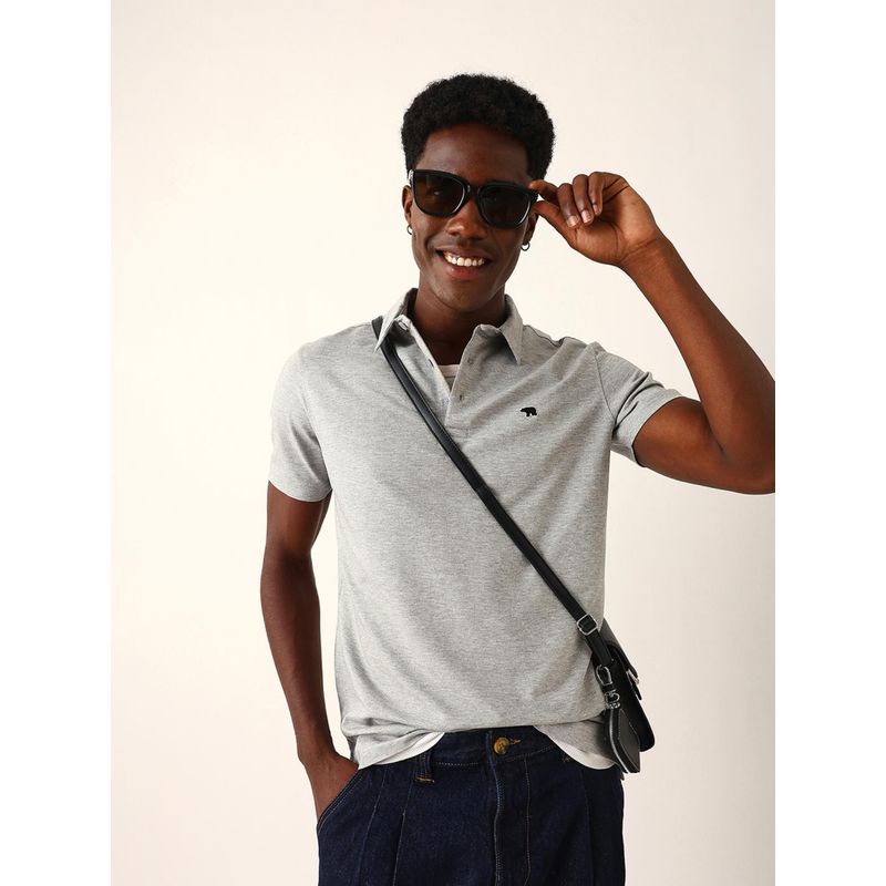 THE BEAR HOUSE Men Grey Solid Polo T-Shirt (M)
