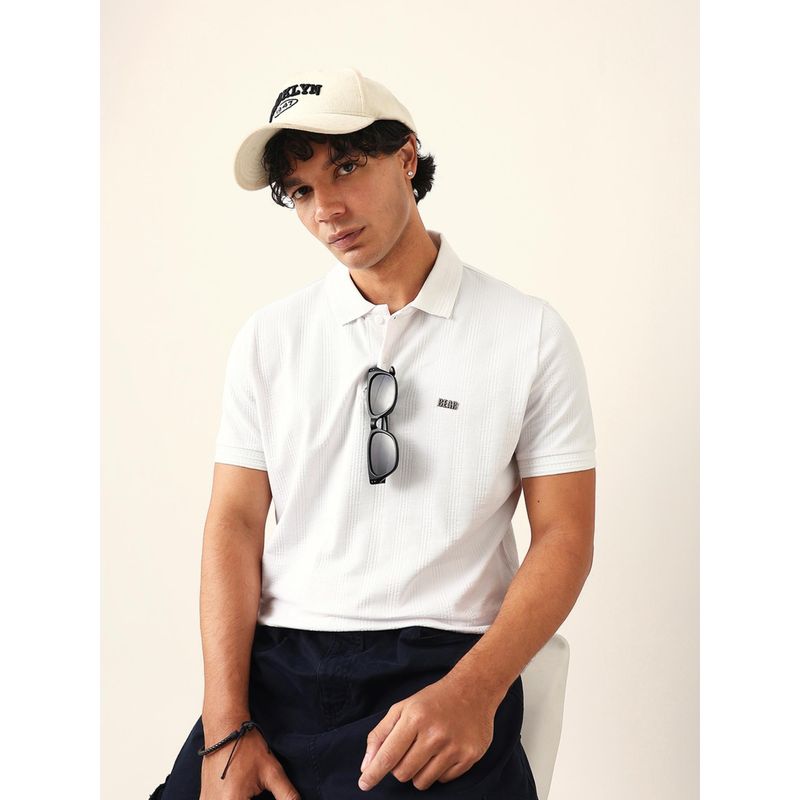 THE BEAR HOUSE Men White Textured Polo T-Shirt (S)