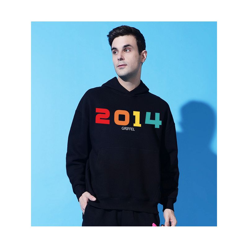 Griffel Men Black Winter Oversized Cotton Fleece Pullover Hoodie (S)