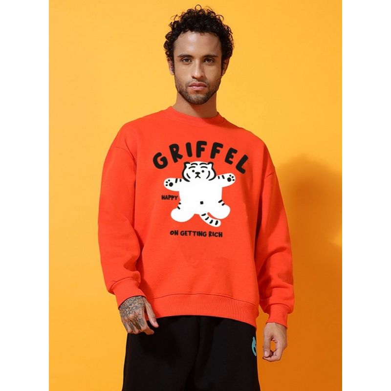 Griffel Orange Men Winter Wear Oversized Cotton Fleece Pullover Sweatshirt (S)