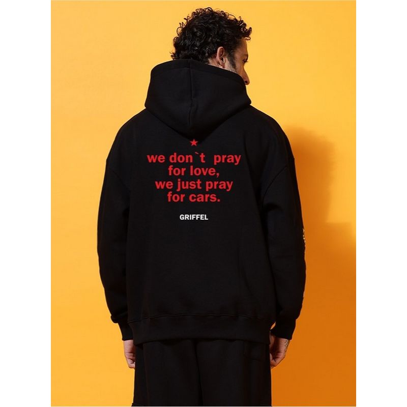 Griffel Men Winter Wear Black Oversized Cotton Fleece Pullover Hoodie (S)