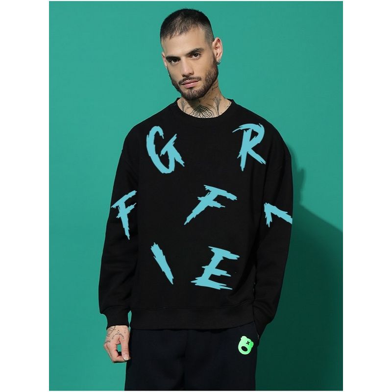 Griffel Men Black Winter Oversized Cotton Fleece Pullover Sweatshirt (S)