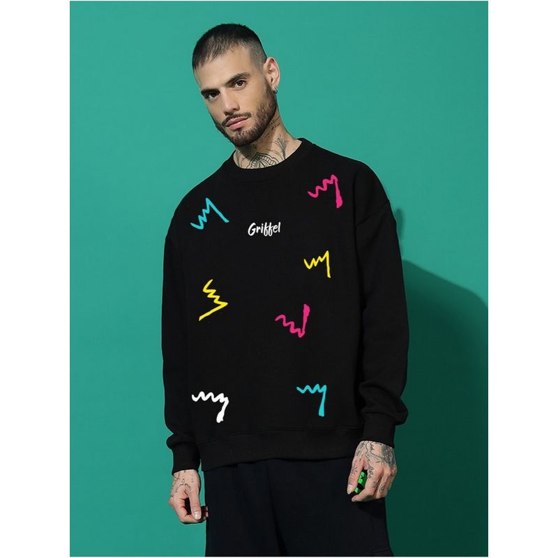 Griffel Men's Winter Wear Oversized Cotton Fleece Black Sweatshirt (L)