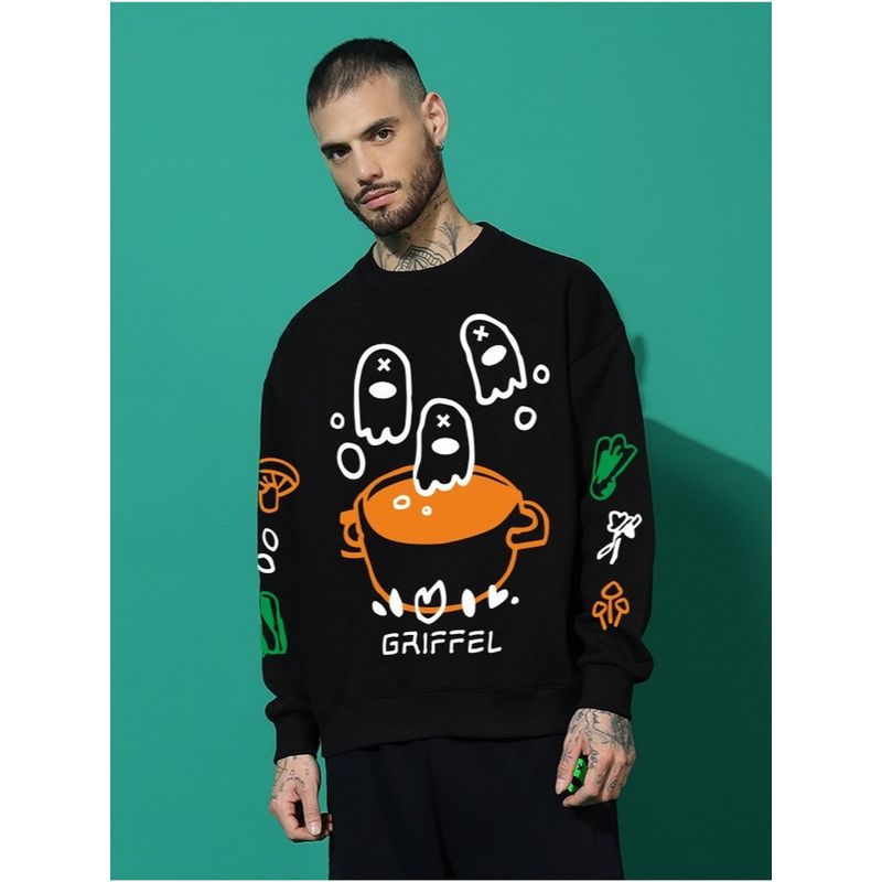 Griffel Black Men Winter Wear Oversized Cotton Fleece Pullover Sweatshirt (S)