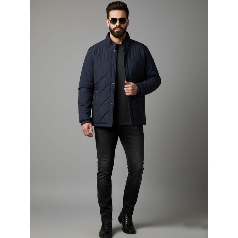 SPIRIT Men Solid High Neck Navy Blue Full Sleeves Puffer Jacket (XL)