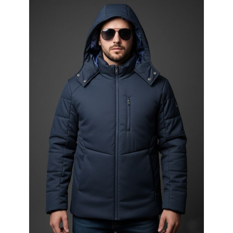 SPIRIT Men Solid Hooded Navy Blue Full Sleeves Puffer Jacket (XL)