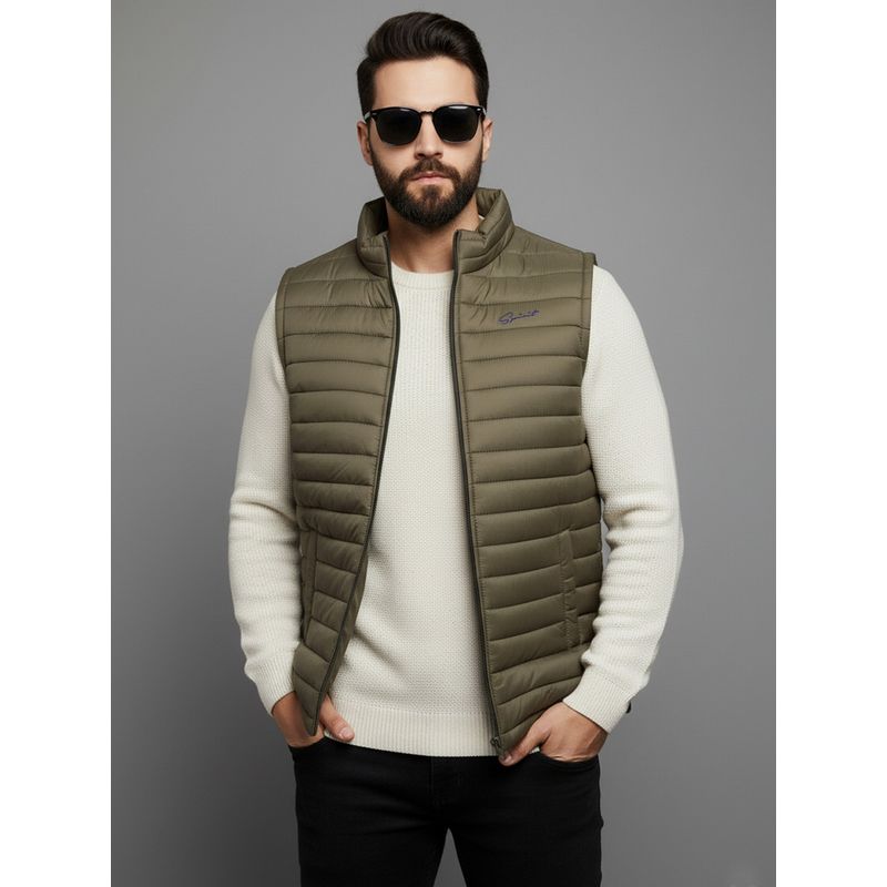 SPIRIT Men's Solid High Neck Olive Sleeveless Puffer Jacket (XL)