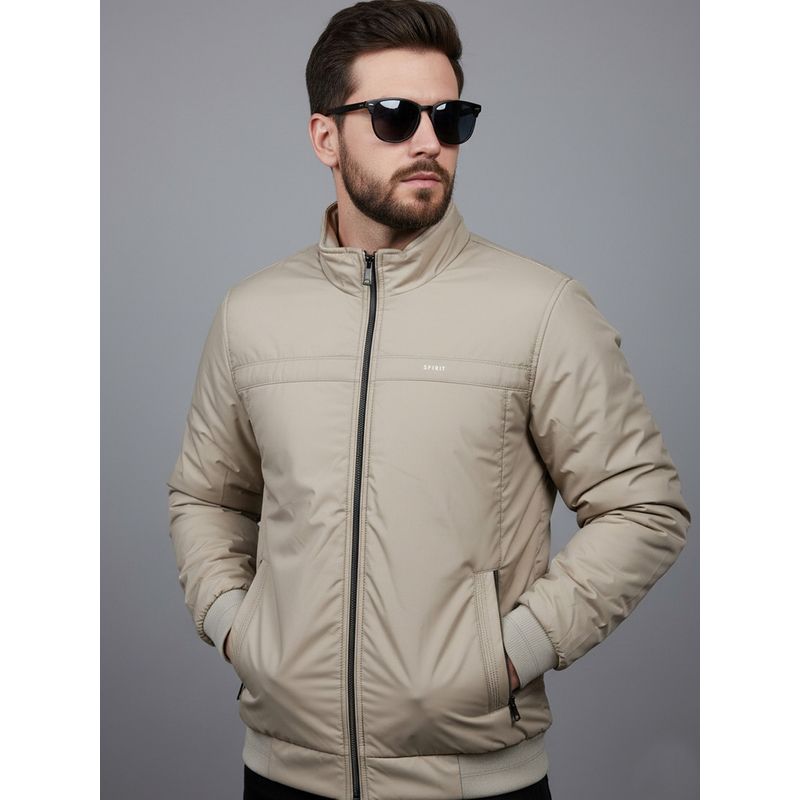 SPIRIT Men Solid High Neck Beige Full Sleeves Bomber Jacket (2XL)