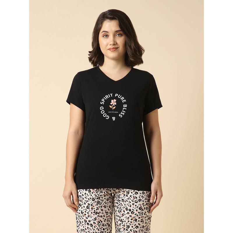 Van Heusen Women Front Print V-Neck Short Sleeve Lounge T-Shirt (S)