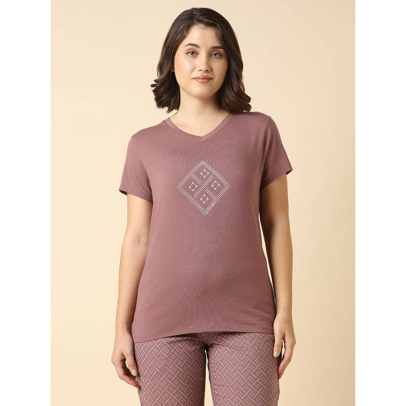 Van Heusen Women Front Print V-Neck Short Sleeve Lounge T-Shirt (M)
