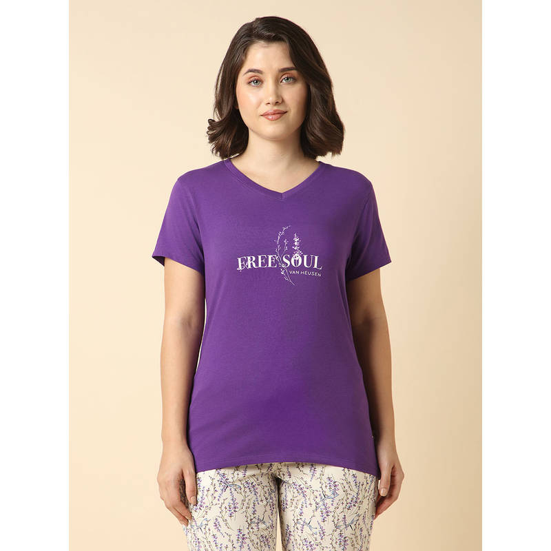 Van Heusen Women Front Print V-Neck Short Sleeve Lounge T-Shirt (XL)