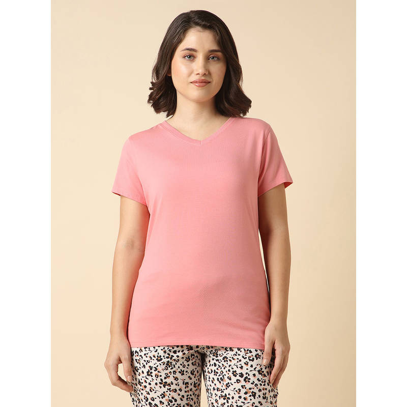 Van Heusen Women Solid V-Neck Short Sleeve Lounge T-Shirt (S)