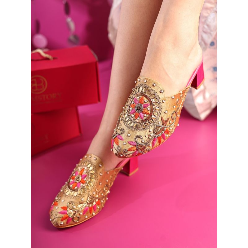 GLAM STORY Gul Noor Embroidered Golden Mules Heels (EURO 37)