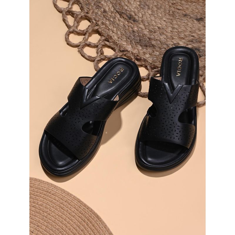ROCIA By Regal Black Women Laser Cut Comfort Sandals (EURO 36)