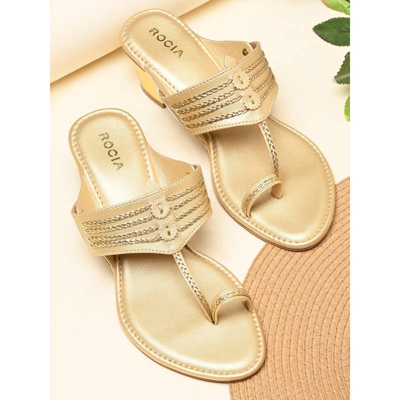 ROCIA By Regal Gold Women Stylish Block Kolhapuris Sandal Heels (EURO 38)