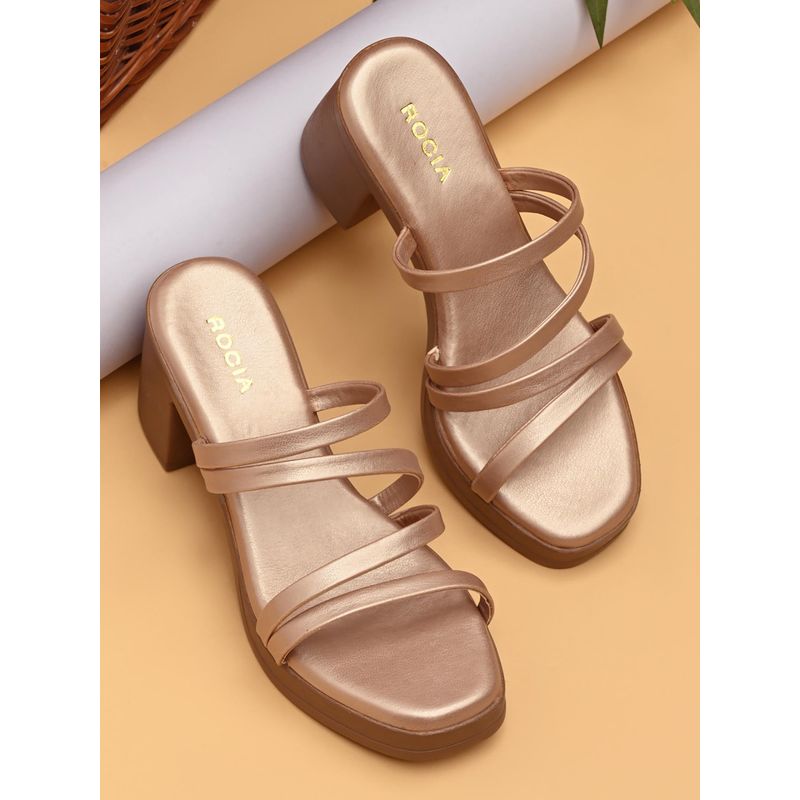 ROCIA By Regal Gold Women Strappy Block Sandals Heels (EURO 37)