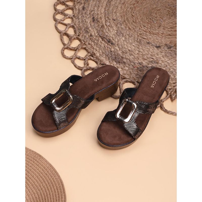 ROCIA By Regal Antique Gold Women H-Buckled Block Sandals Heels (EURO 36)