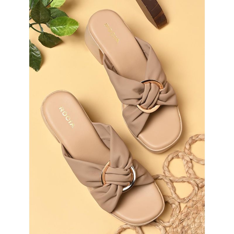 ROCIA By Regal Beige Women Buckled High Block Sandal Heels (EURO 36)