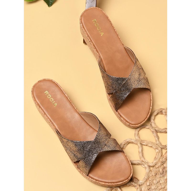 ROCIA By Regal Bronze Women Shimmer Cross Strap Wedges Heels (EURO 36)