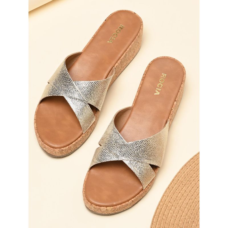 ROCIA By Regal Gold Women Shimmer Cross Strap Wedges Heels (EURO 38)