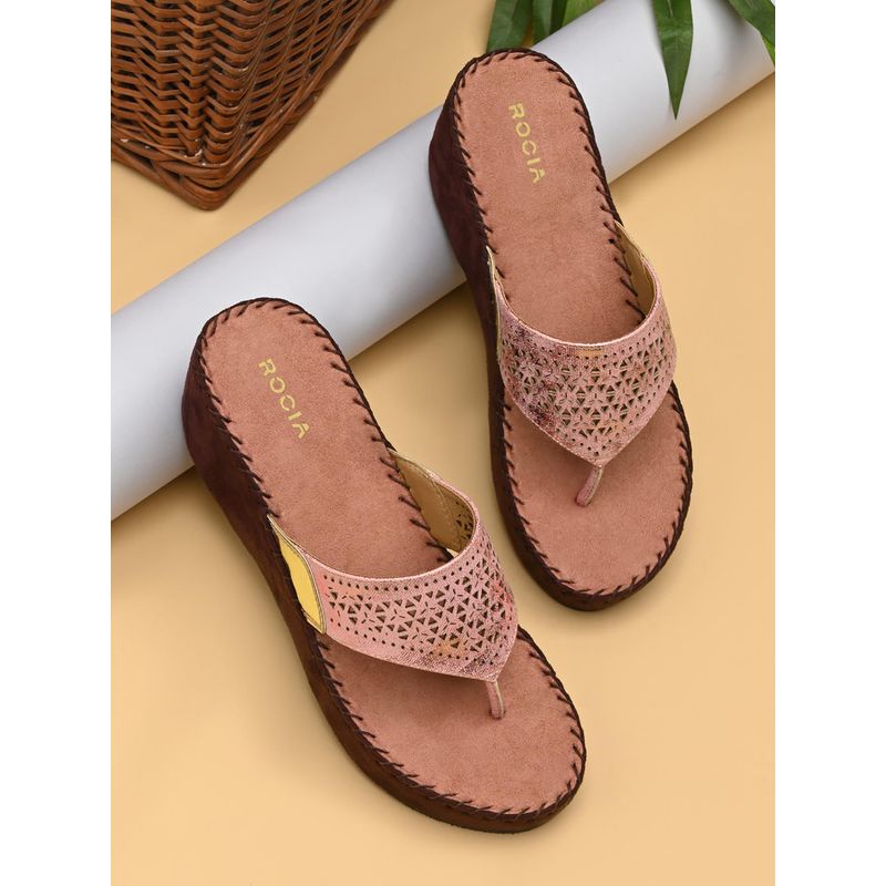 ROCIA By Regal Rose Gold Women Comfort Laser Cut Sandal Heels (EURO 36)