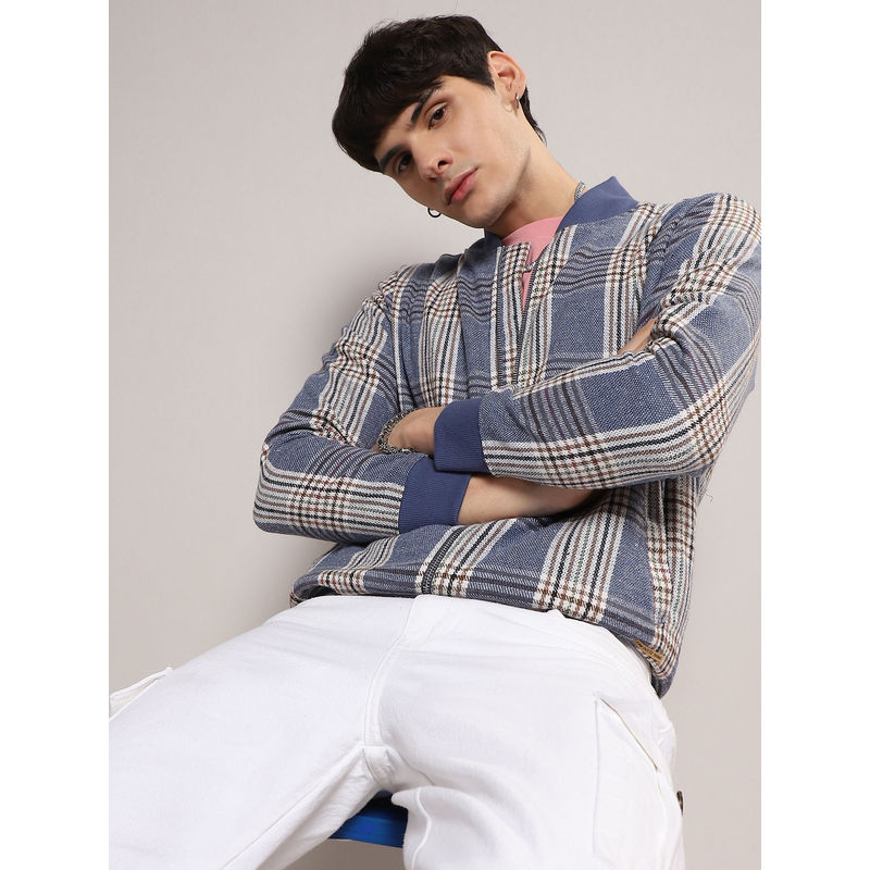 Campus Sutra Mens Icy Blue Tartan Plaid Jacket with Ribbed Hem (M)