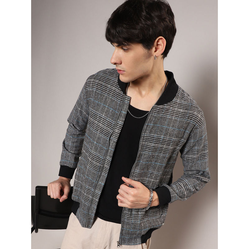 Campus Sutra Mens Black Tartan Plaid Jacket with Ribbed Hem (M)