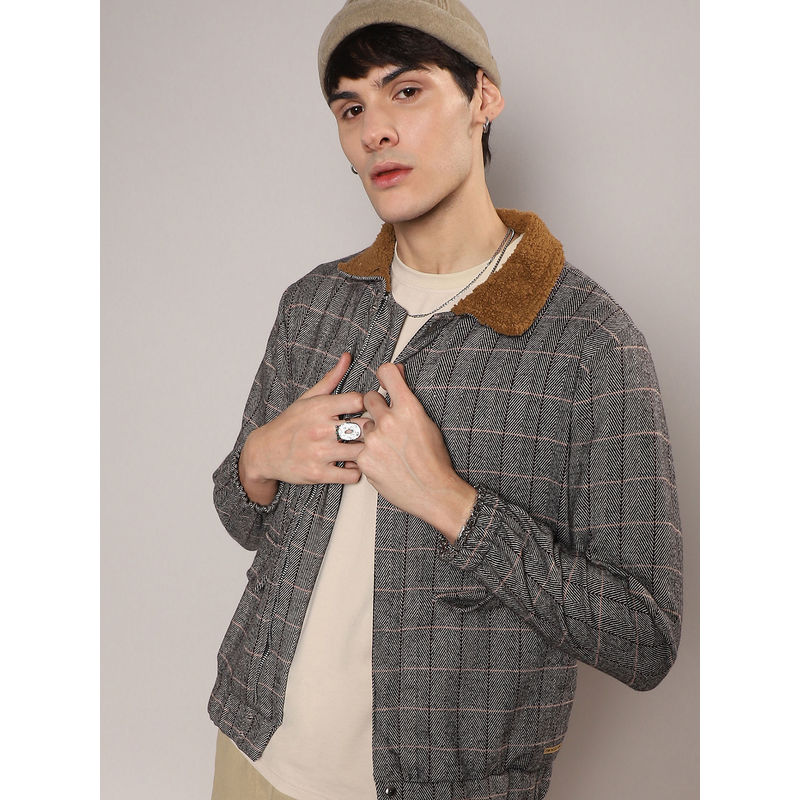 Campus Sutra Mens Grey Tartan Plaid Jacket with Fleece Collar (M)