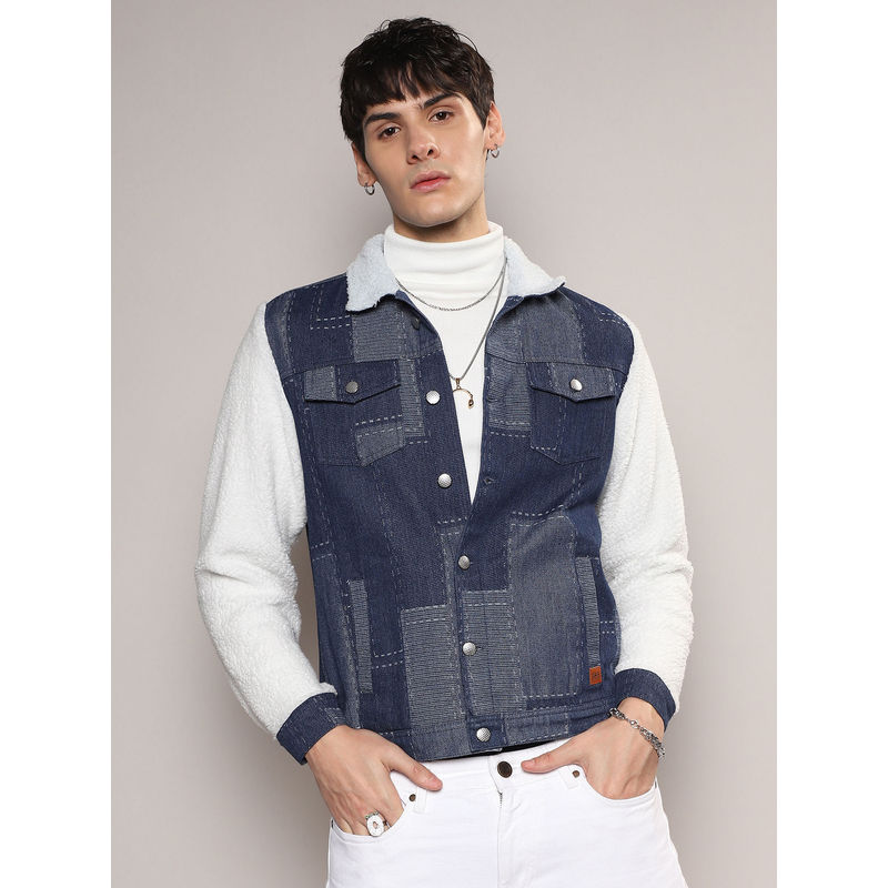 Campus Sutra Mens Navy Blue & Chalk White Fleece Block Denim Jacket (M)